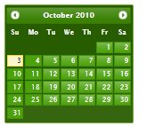 Screenshot showing an October 2010 calendar page styled using the Le-Frog theme.