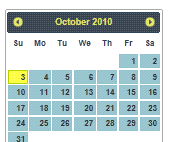 Screenshot showing an October 2010 calendar page styled using the Hot-Sneaks theme.