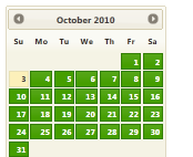 Screenshot shows an October 2010 calendar in the South-Street theme.