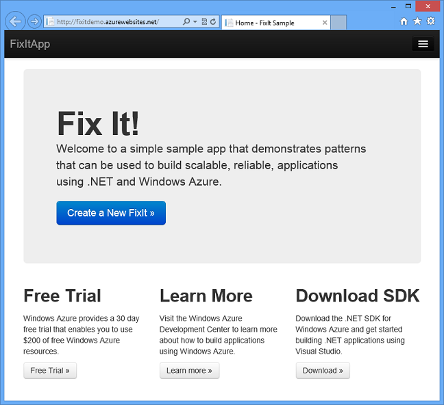 Fix It app deployed to Windows Azure