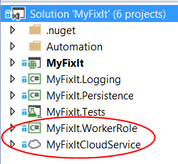 Screenshot showing a worker role, defining the role and showing the list of 'MyFixIt' project solution options.