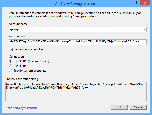 Add New Storage Account dialog box