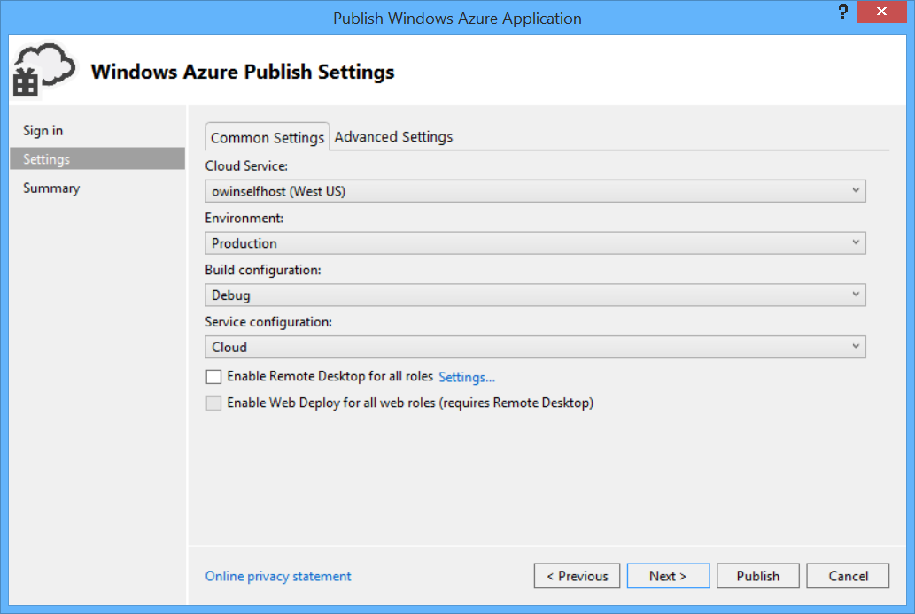 Publish newly created Azure Application, image example