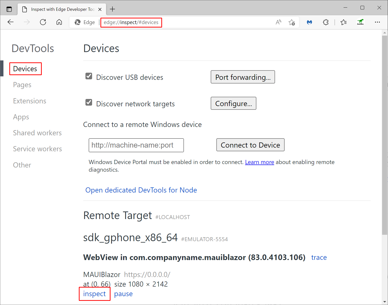 Microsoft Edge Devices showing the BlazorWebView's "inspect" link button to open developer tools.