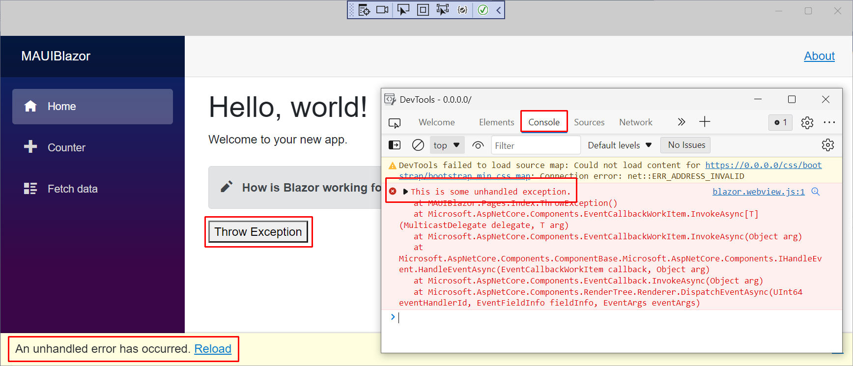 Microsoft Edge DevTools window for a Blazor Hybrid app running on Windows