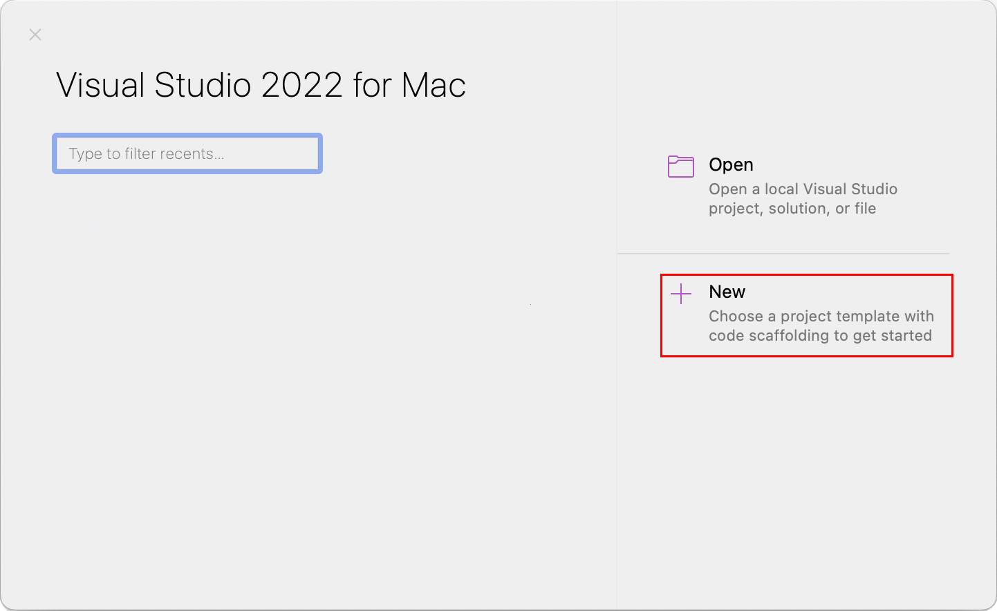 Visual Studio for Mac Start .