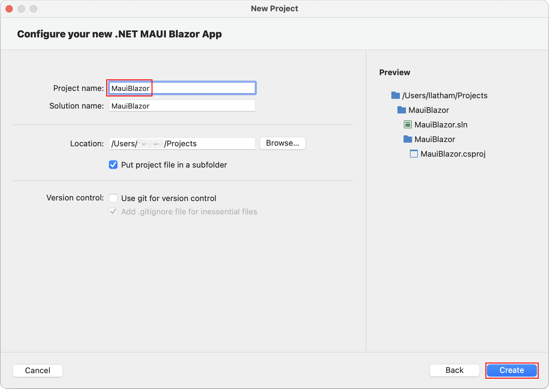 Configure your new .NET MAUI Blazor App dialog with an project name of MauiBlazor.