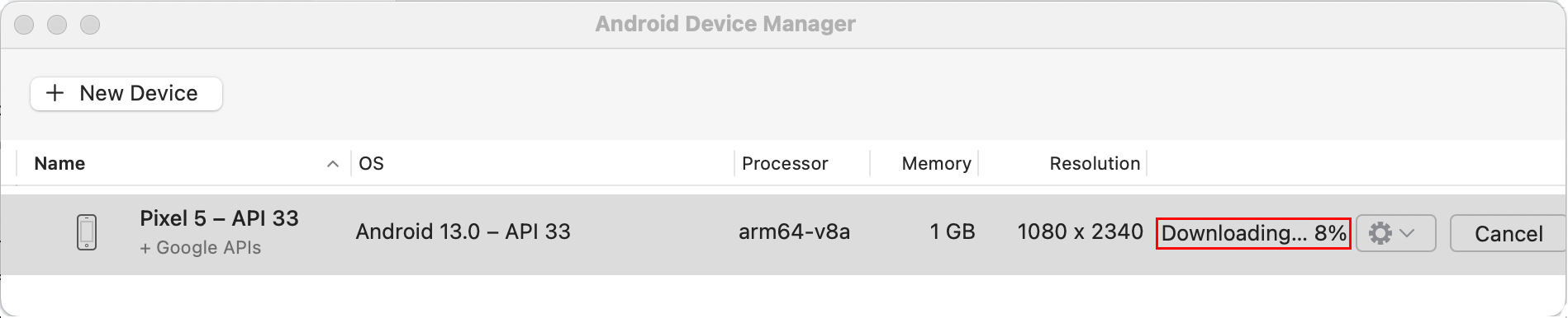 Android Device Manager dialog showing an 8% downloading progress for the Google Pixel 5 mobile device.