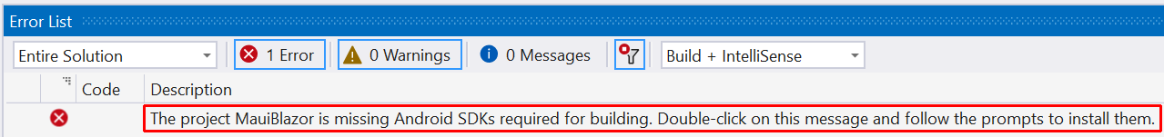 Visual Studio Error List with message asking you to click the message to install Android SDKs.