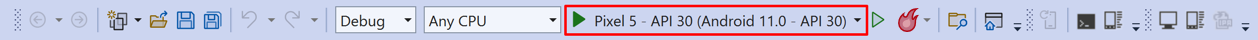 Pixel 5 API 30 emulator button.