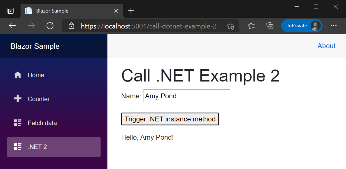 Rendered 'CallDotNetExample4' component example