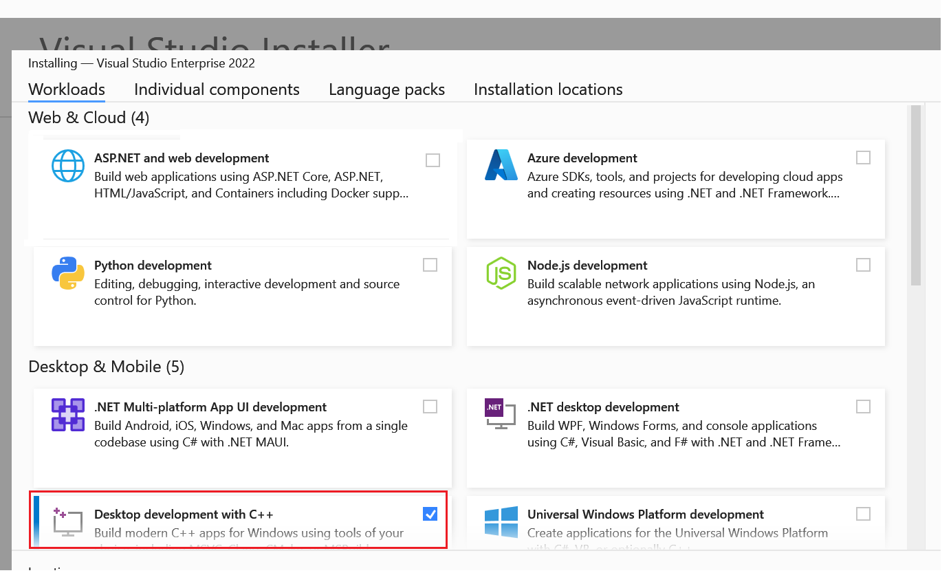Visual Studio workload selection dialog showing "Desktop development with C++" selected.