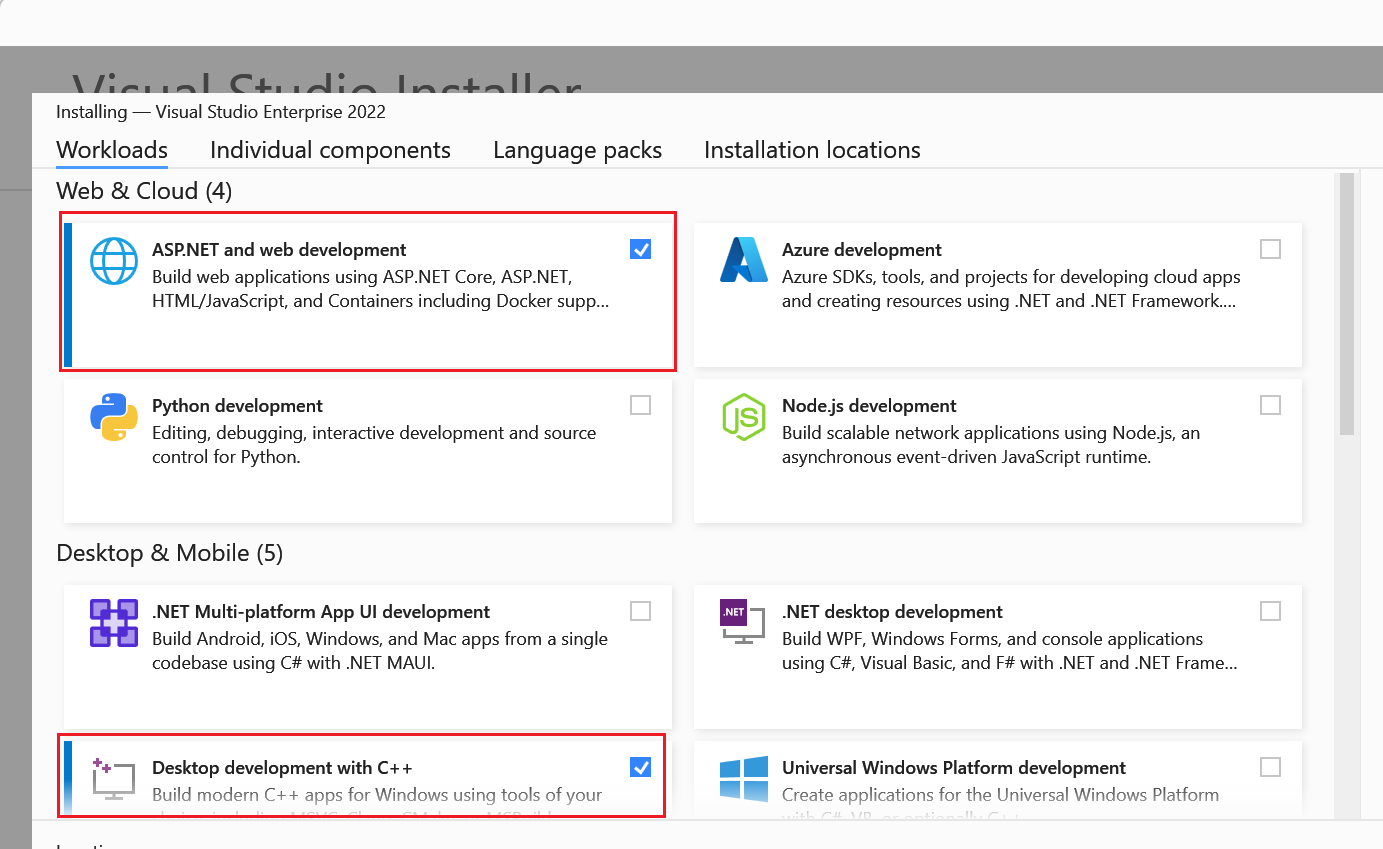 Visual Studio workload selection dialog showing "ASP.NET and web development" and "Desktop development with C++" selected.