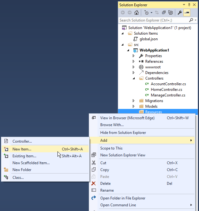 Nested contextual menu: In Solution Explorer, a contextual menu is open for Resources. A second contextual menu is open for Add showing the New Item command highlighted.