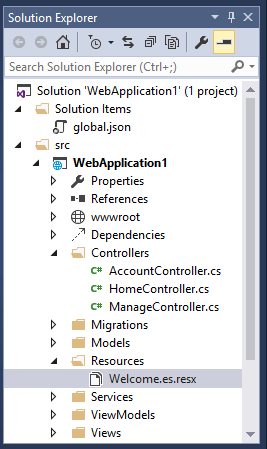Solution Explorer showing the Welcome Spanish (es) resource file