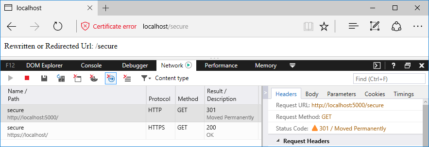 Add redirect to HTTPS permanent: Browser window with developer tools tracking the requests and responses