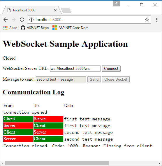 Final state of webpage after WebSockets connection and test messages are sent and received