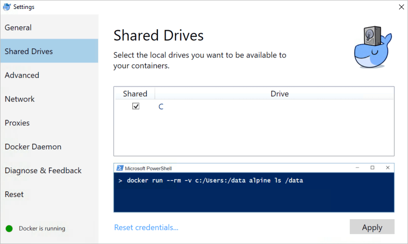 Dialog to select local C drive sharing for containers