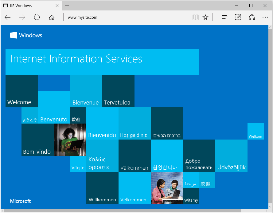 The Microsoft Edge browser has loaded the IIS startup page.