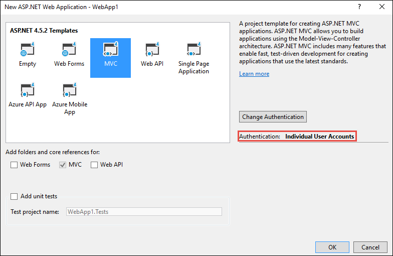 New Web Application dialog: MVC project template selected in ASP.NET templates panel