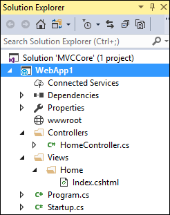 Solution Explorer showing files and directories of WebApp1