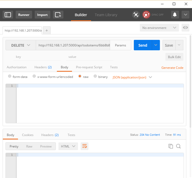 Postman console showing a DELETE and response