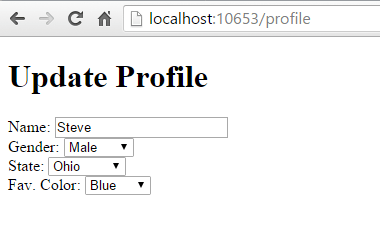 Update Profile view with a form allowing the entry of name, gender, state, and favorite Color.