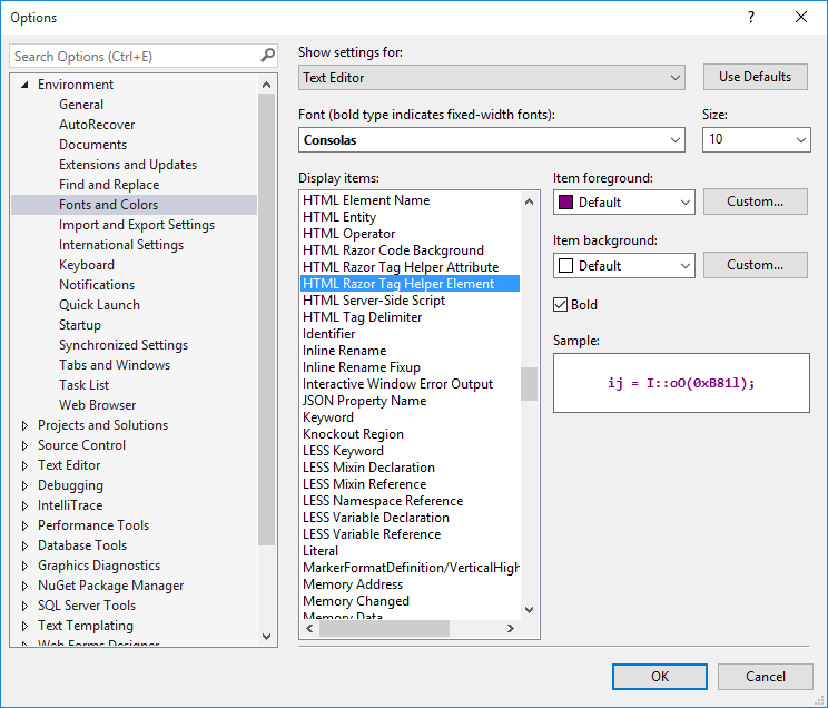 Options dialog in Visual Studio