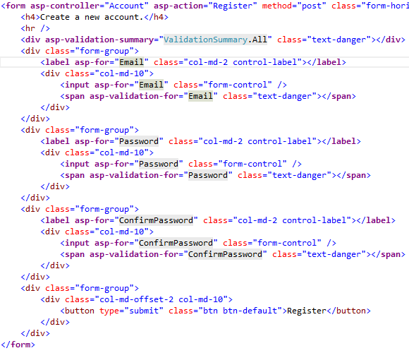 Razor markup with Tag Helpers for the form portion of the Register Razor view for an ASP.NET Core project template