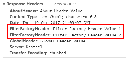 Response headers of the About page show that two FilterFactoryHeader headers have been added.