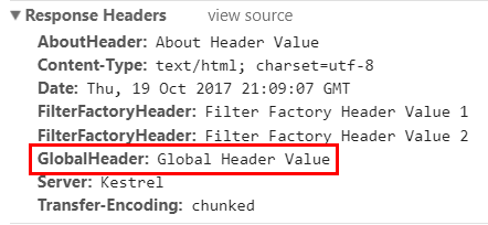 Response headers of the About page show that the GlobalHeader has been added.
