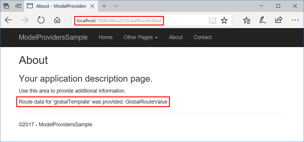 The About page is requested with a route segment of GlobalRouteValue. The rendered page shows that the route data value is captured in the OnGet method of the page.