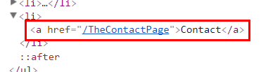 Inspecting the Contact link in the rendered HTML indicates that the href is set to '/TheContactPage'