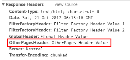Response headers of the OtherPages/Page1 page show that the OtherPagesHeader has been added.