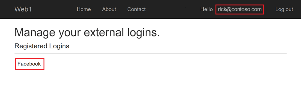 Manage your external logins view listing Facebook