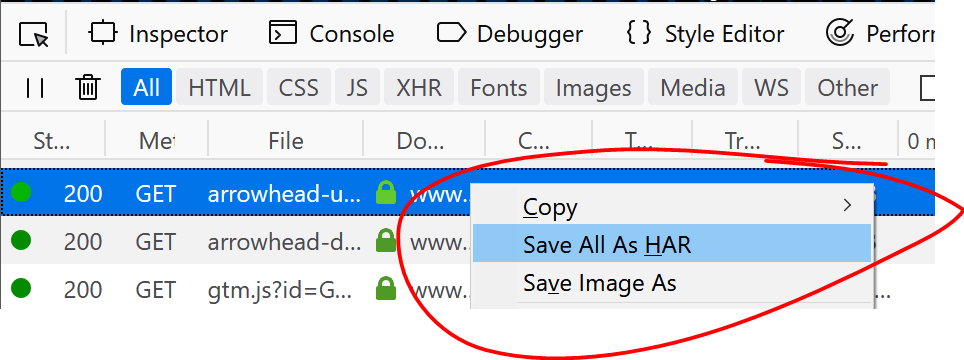 "Save All As HAR" option in Mozilla Firefox Dev Tools Network Tab