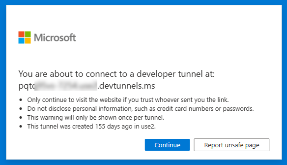 Dev tunnels notification page.
