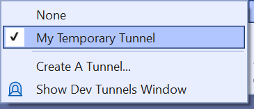 Debug dropdown Dev Tunnels flyout showing new tunnel.