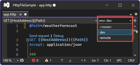 .http file editor with environment selector highlighted. The 'dev' environment is selected.