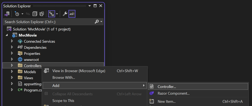 Solution Explorer, right click Controllers > Add > Controller