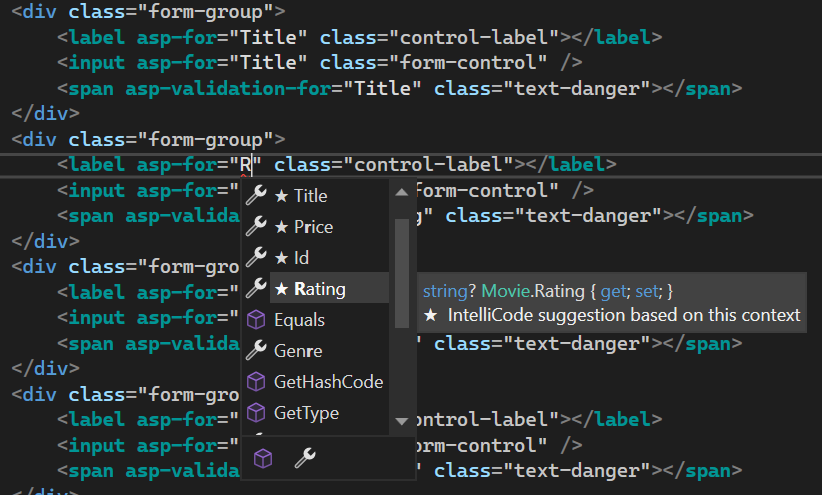 The developer has typed the letter R for the attribute value of asp-for in the second label element of the view. An Intellisense contextual menu has appeared showing the available fields, including Rating, which is highlighted in the list automatically. When the developer clicks the field or presses Enter on the keyboard, the value will be set to Rating.