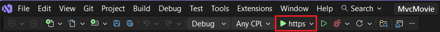 MvcMovie debug button.