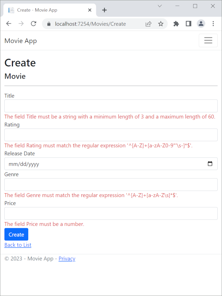 Movie view form with multiple jQuery client side validation errors