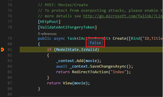 While debugging on a post of invalid data, Intellisense on ModelState.IsValid shows the value is false.