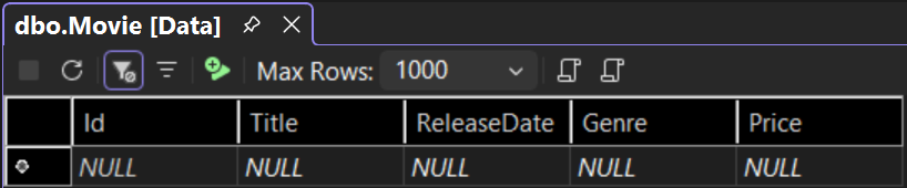 Movie table open showing no data.