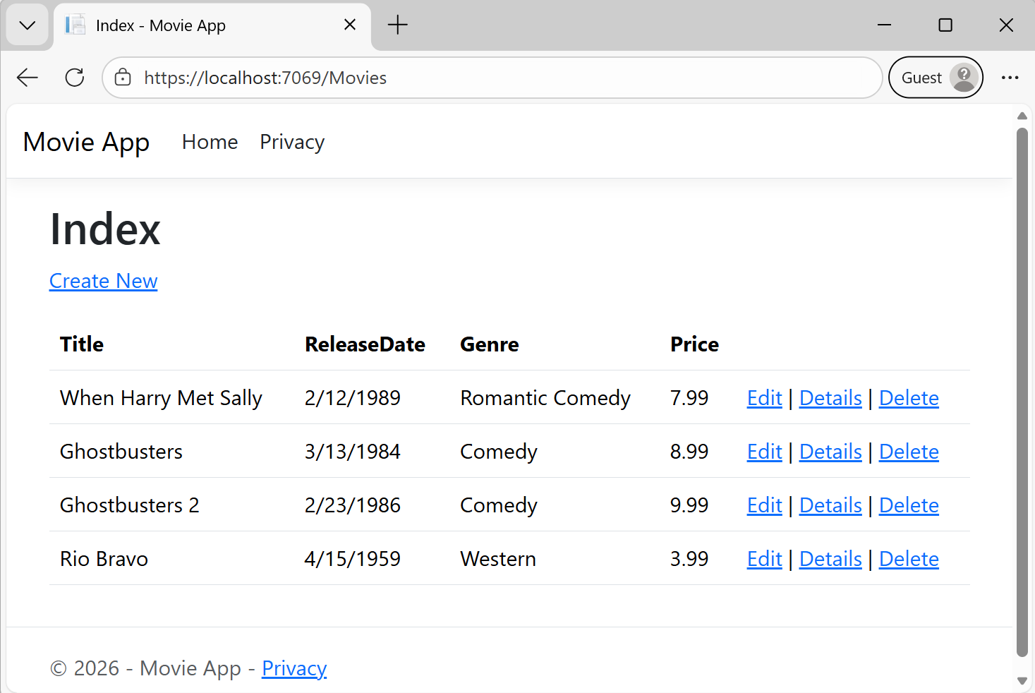 MVC Movie app open in Microsoft Edge showing movie data.