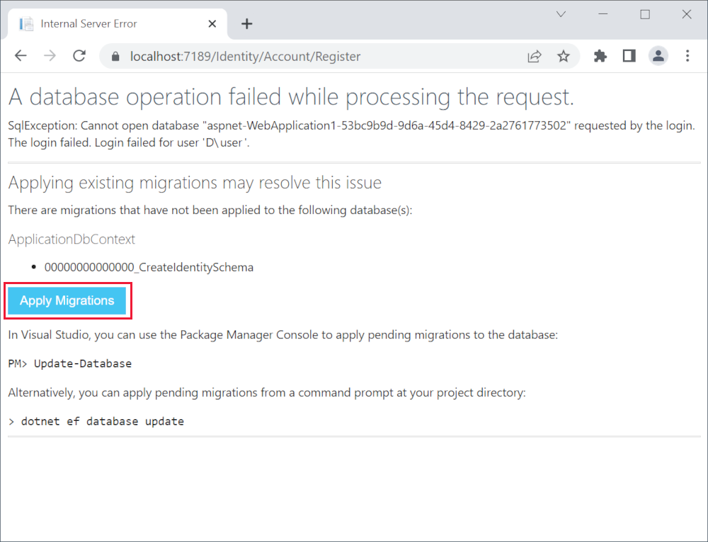 A database operation failed while processing the request. Applying existing migrations for Application DB context may resolve this issue.