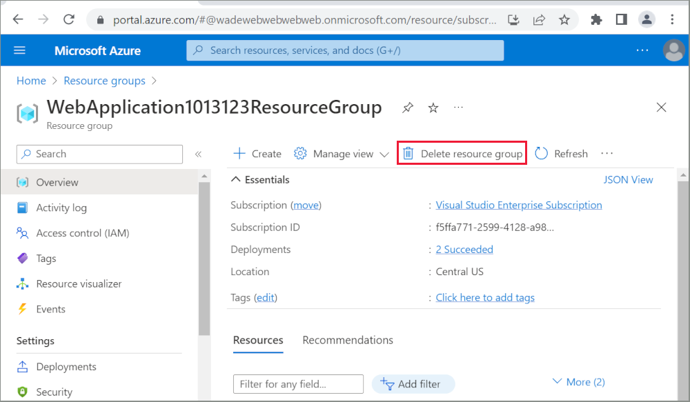 Azure Portal: Resource Groups page