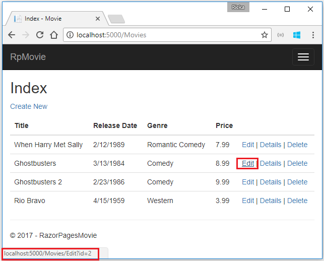 Browser window with mouse over the Edit link and a link Url of https://localhost:1234/Movies/Edit/5 is shown