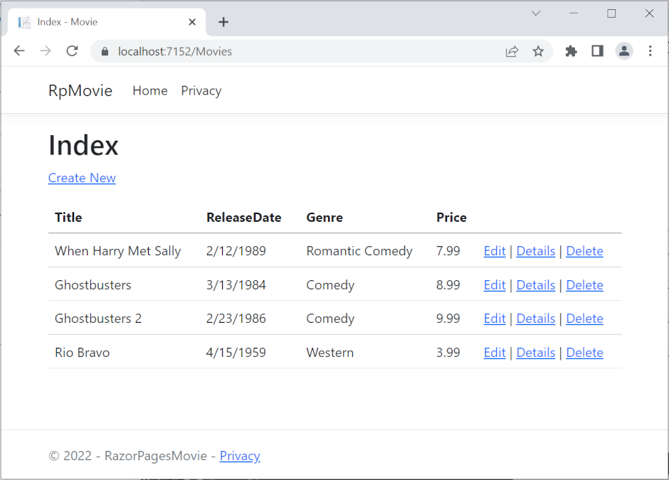 Movie application open in browser showing movie data